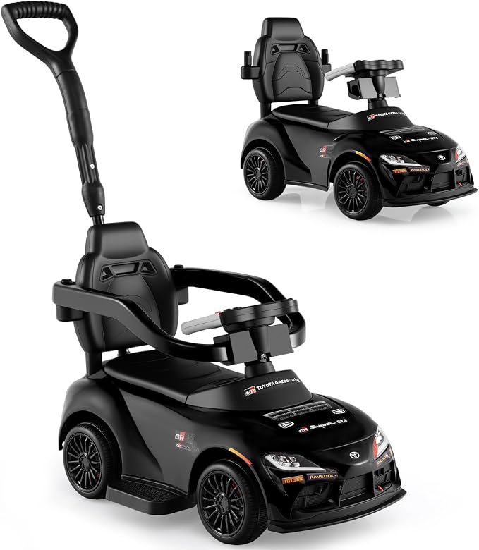 Licensed Toyota Ride on Push Car for Toddlers by INFANS, 3 in 1 Walking Sliding Toy with Removable Guardrails and Handle, Music, Under Seat Storage for Kid (Dark)