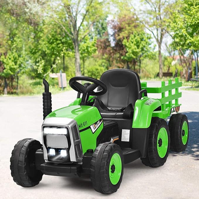 Costzon Ride on Tractor with Detachable Trailer, Kids' Electric Vehicles w/3-Gear-Shift Ground Loader, Wireless Design & USB, 7 LED Headlights, Remote Control Tractor Toy for Kids 3+ (12V, Green)