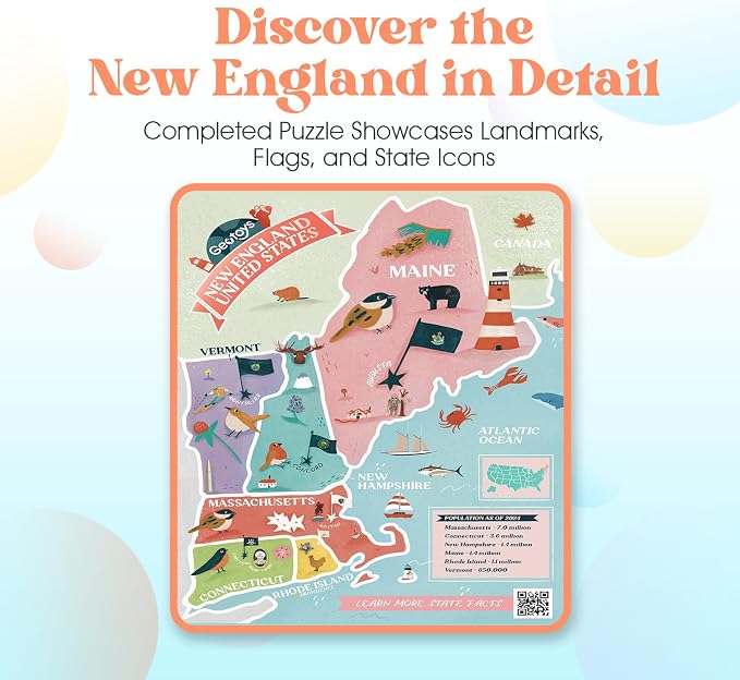 Geotoys New England Region Jigsaw Puzzle - Educational and Interactive Map Game - 250 Piece Puzzles - Jigsaw Puzzles for Kids Ages 8-12 - Kids Puzzle Games with Colorful Landmarks