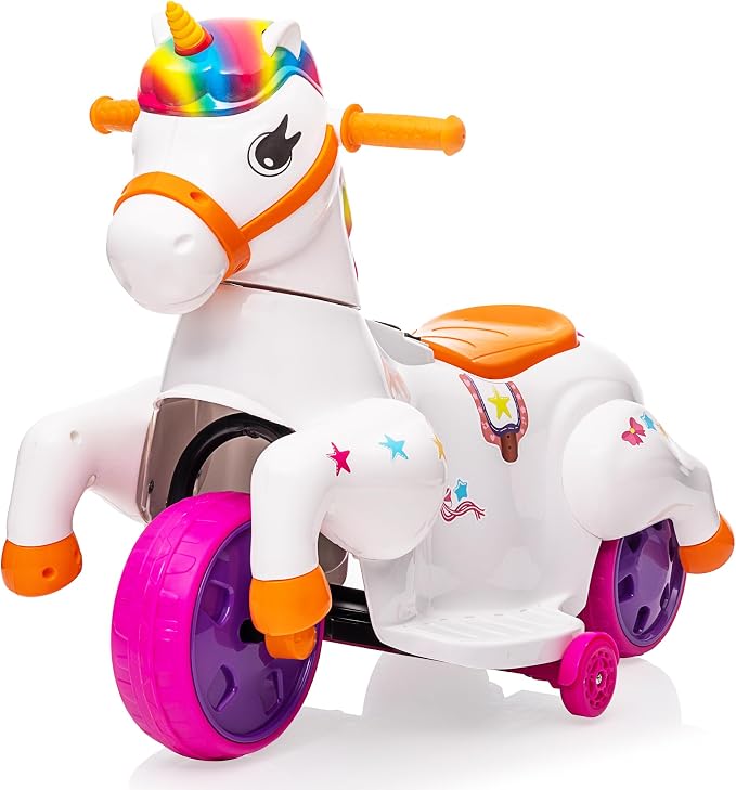 TOBBI Electric Unicorn Ride on Toy Kids Car for Toddler Ages 2-6 Battery Powered Rideable Rocking Horse Pony with Music 3 Wheeler Motorized Unicorn Riding Toys for Baby, Girls & Boys