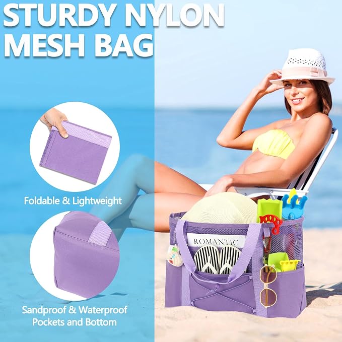 Fammart Mesh Beach Bag for Women, Large Beach Toy Pool Bag with Zipper Pocket, SandProof Cruise Essentials 2026 Family Travel
