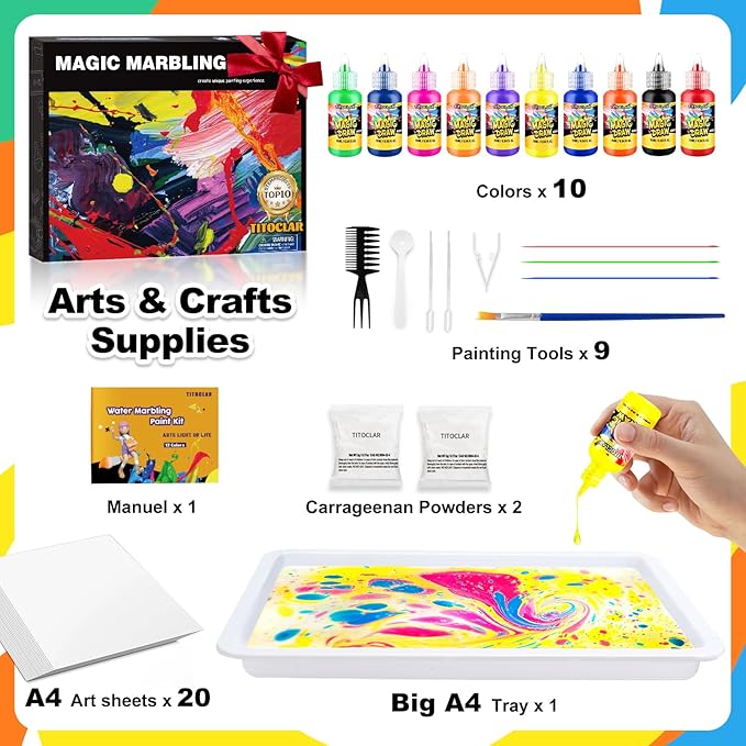 Water Marbling Paint Kit, DIY Arts and Crafts Kit for Girls & Boys 4-8 6-12, Creative Art Supplies, Birthday Gifts for Kids Ages 3+