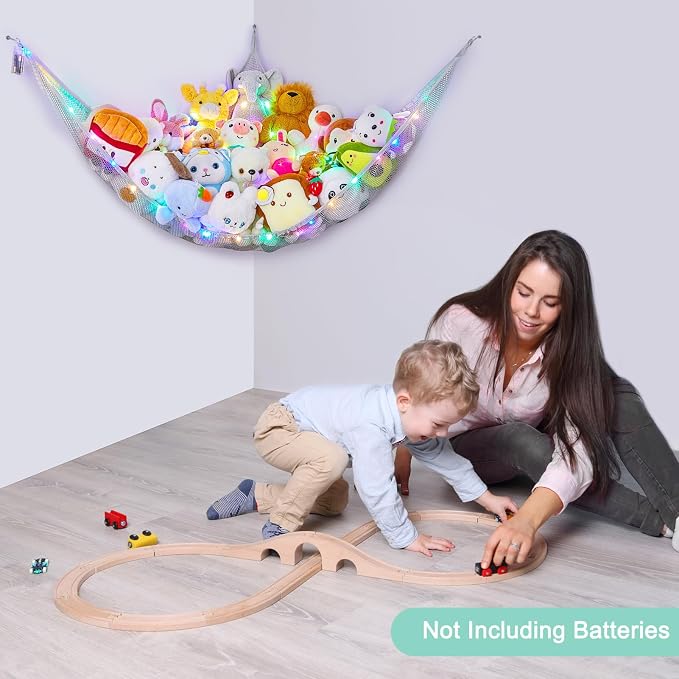 Unicorn Castle Stuffed Animals Net or Hammock Kids Toy Storage Organizer with LED Light Hanging Corner Stuffed Animals Holder Kids Girls Room Decor,Grey,Large (Pack of 1)