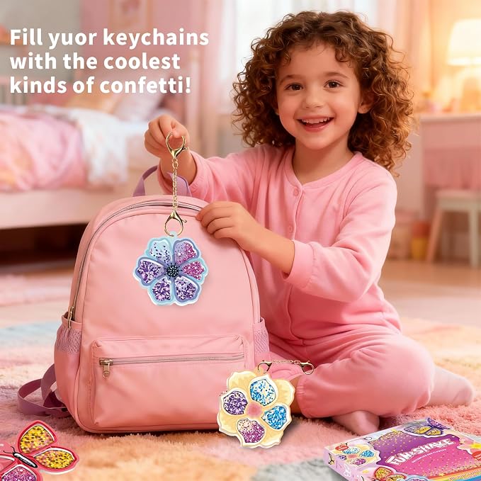 Artnedu Shake-its– Fun&Shake Kit de artesanato com Glitter para crianças, artes e artesanato DIY com chaveiros,Flowers & Butterflies,Creative Gift for Girls & Boys Ages 4, 5, 6, 7, 8, 9, 10