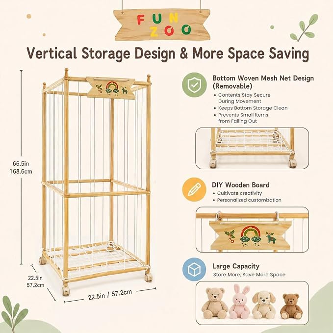 Large Stuffed Animal Storage with Wheels, 66IN Wood Plush Toy Storage 550L, Kids Plushies Storage with Thicker Elastic Band, Stuffed Animal Organizer for Playroom, Bedroom, Nursery