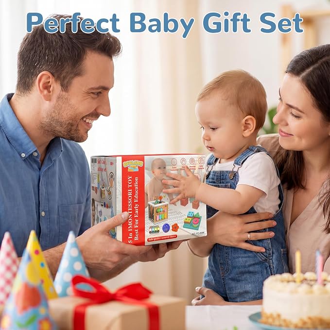 Baby Montessori Toys 6-12 Months, 5 in 1 Sensory Learning Set with Stacking Blocks, Shape Sorter, Bath Toys, Activity Cube, Dinosaur Stacker Educational Toddler Gifts for Boys Girls