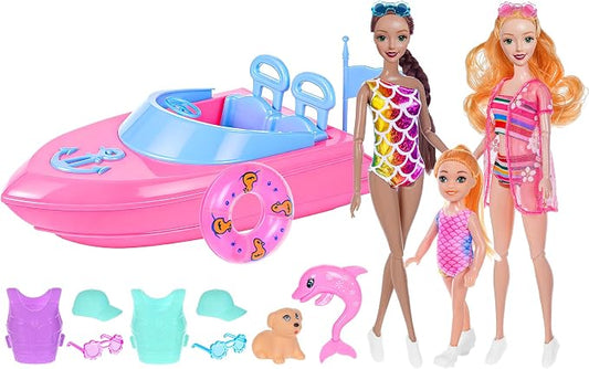 dollbie Fashion Dolls and Boat Playset - 11.5 Inch Dolls with Swimwear, Life Vests, Accessories, 5.5 Inch Doll, Pet Puppy and Dolphin Toy - Summer Beach Adventure Gift Set for Girls