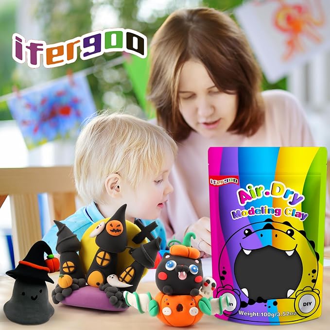 ifergoo Black Air Dry Clay, DIY Creative Modeling Clay for Kids, Super Light Magic Foam Clay for Kids Age 3-12, Soft, No-Sticky & Non-Toxic, Molding Clay for School Art & Craft Project(100g/3.5oz)