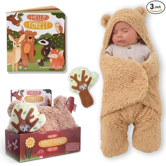 Tickle & Main Forest Animal Newborn Gift Set - 3-Piece, 26 x 29 in Cotton Swaddle Blanket - Plush Tree Rattle & Storybook
