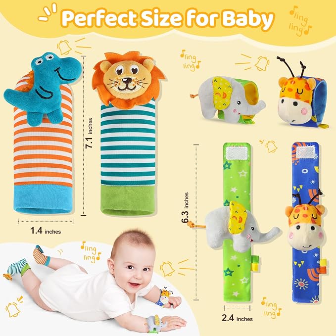 URMYWO Wrist Rattles for Baby - Rattle Socks - Foot Finder Set - Baby Toys for 0-12 Months Infant - Newborn Essentials - Early Learning Sensery Toys for Boy Girl as Shower Gifts