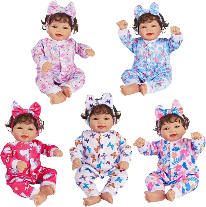BABESIDE Reborn Baby Doll Clothes for 17-22 Inch Dolls, 5 Sets Baby Doll Clothes Outfits Accessories - Romper Suit and Headband for Baby Doll Boy&Girl Kids Age 3+ Gift