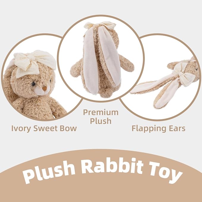 Bunny Stuffed Animal Soft Rabbit Cuddly Toy 8'' Long - Eared Brown Plush Bunny with Cream Bow Plush Toys for Babies and Toddlers
