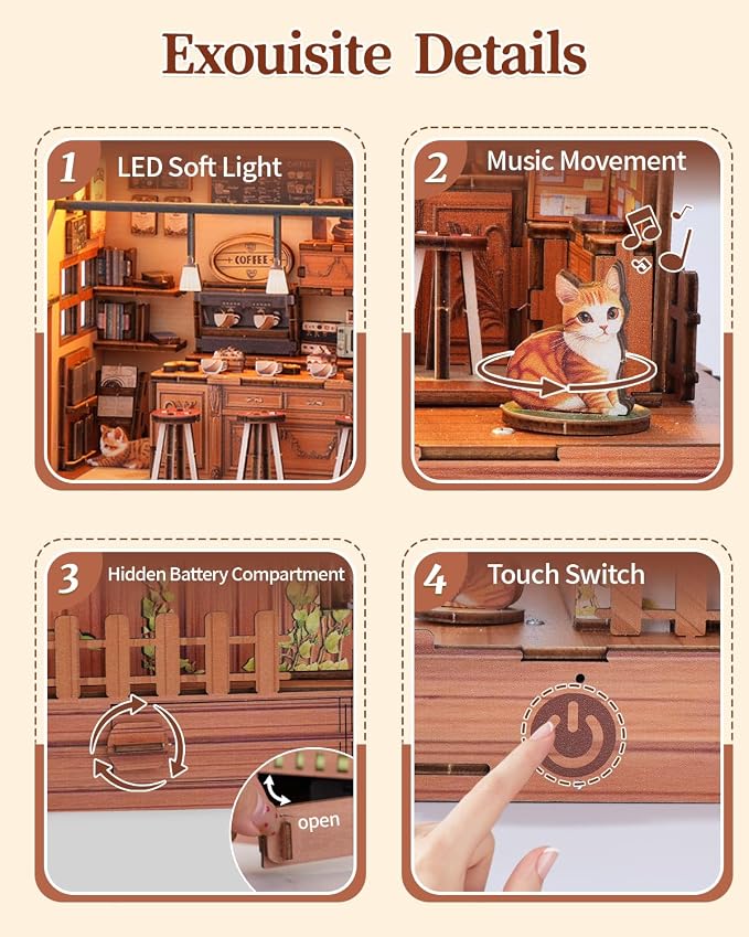 DIY Miniature House Kit Coffee Shop, DIY Miniature Dollhouse Kit with LED Music Light for Room Bookshelf Decor, Tiny House Crafts for Adults, Birthday for Men Women Teens