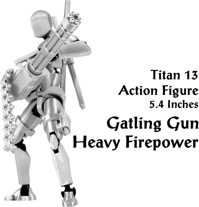 Gatling Gun Titan 13 Action Figure Set【Assembled】, Robot T Action Figure 3D Printed Dummy 13 Action Fidget Toys Figure Articulated, Lucky 13 for Collectors Desktop Decorations (Silver-Black)