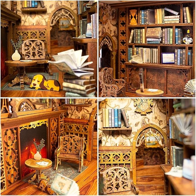 Fsolis Book Nook Kit, 3D Wooden Puzzles for Adults (Eternal Bookstore) | DIY Miniature House Kit, 172 Wood Pieces, Booknook Bookshop Bookshelf Insert and Bookends, Gifts for Women Book Lovers