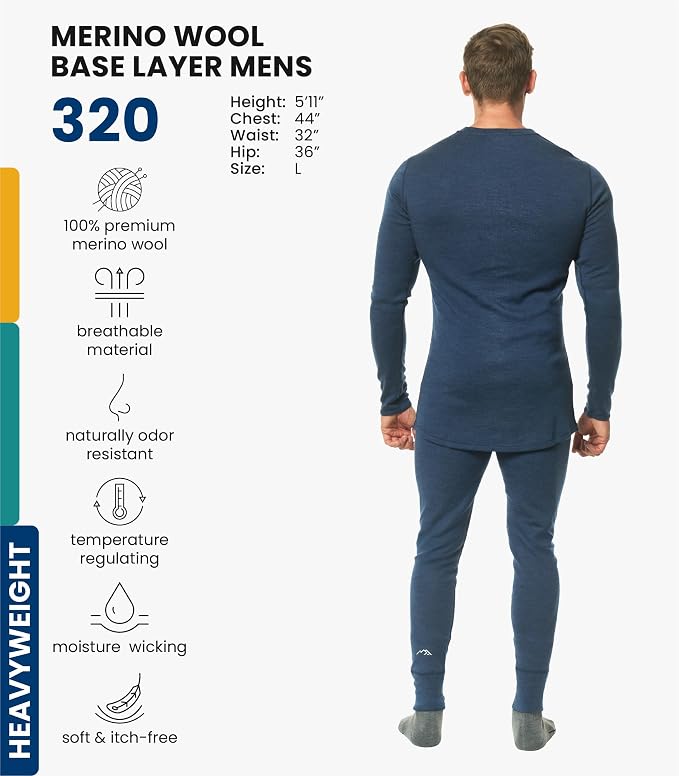 Merino.tech Merino Wool Base Layer Mens Set - Heavyweight, Midweight, Lite Merino Wool Thermal Underwear For Men Top, Bottom