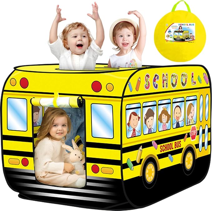 Pop Up Play Tent for Kids Aged 3-5 Years Old Boys and Girls : School Bus Tent Playhouse Toy Play Tents for Toddlers 3-5 Kids Tent Indoor Outdoor Playhouse Toys for 3 + Year Old, School Bus