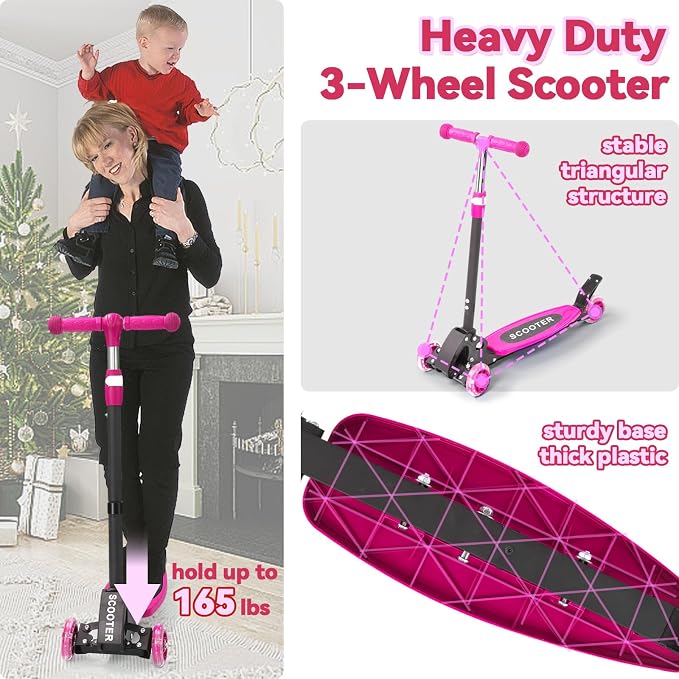 Scooter for Kids 3-12, Kid Scooters with Extra-Wide Deck, 165 lbs Capacity, 3 Wheel Kick Scooter with Lean to Steer, Height Adjustable Handlebar, Light Up Wheels for Stable Smooth Riding, Child Gift