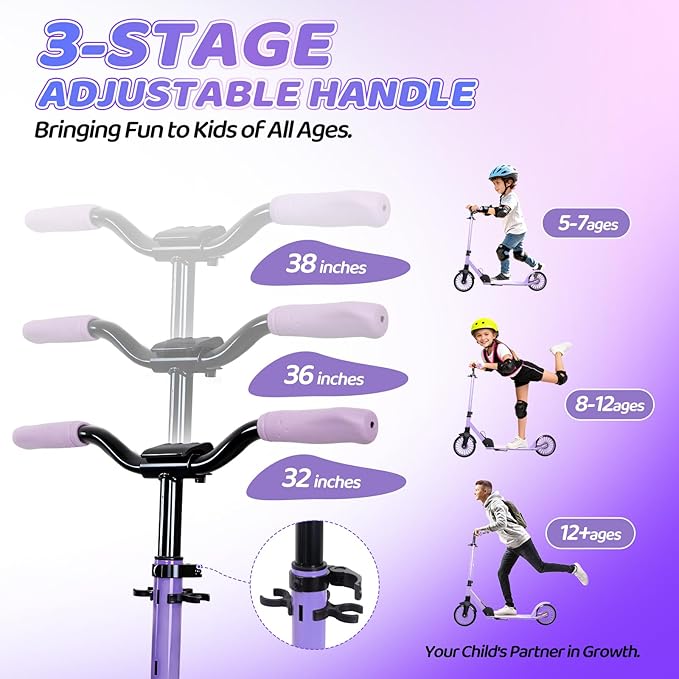 Nattork Kick Scooter for Age 6+ Kids Teens Adults, Max Load 240 LBS, Adjustable Height Foldable with 8" Large Wheels, Anti-Shock Suspension
