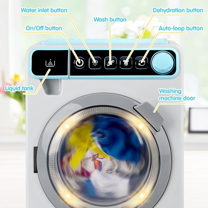 Kids Toy Washing Machine, Realistic Pretend Play Appliance for Girls, Interactive Toy Dollhouse Furniture, Play Washer and Dryer Playset with Spinning Drum