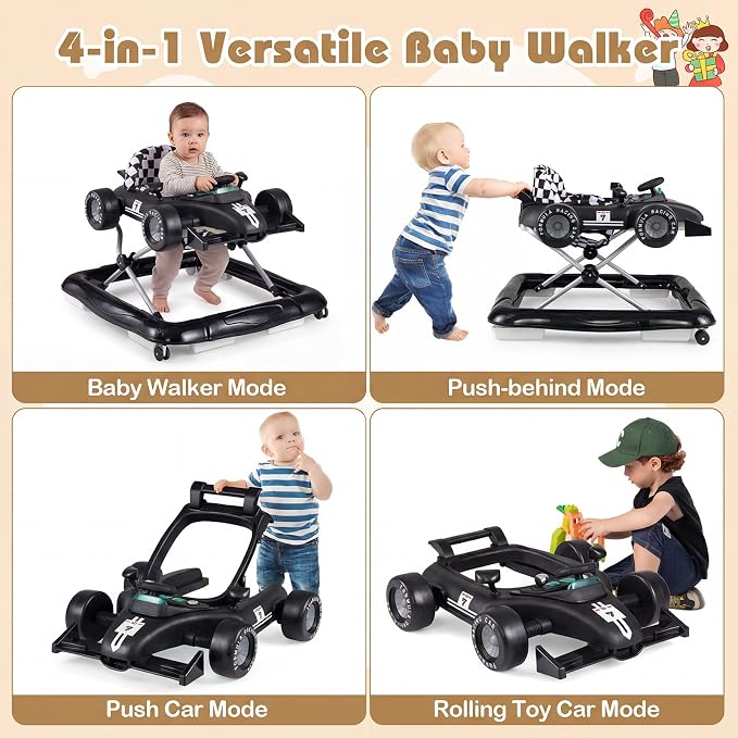 BABY JOY 4-in-1 Baby Walker, Foldable Activity Walker with Push Mode, Adjustable Height, Lights, Anti-Rollover, Baby Walker with Wheels for Boys Girls 6-18 Months (Black)