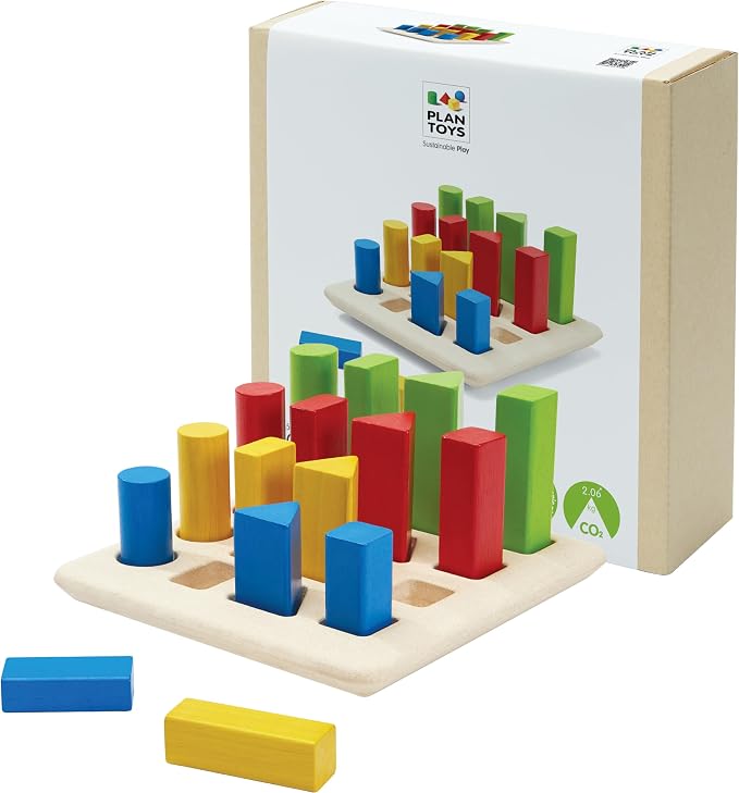 PlanToys® Geometric Peg Board Wooden Shape Sorting & Stacking Toy for Kids Ages 2+ | Montessori STEM Toy for Fine Motor Skills, Color Learning & Coordination | Eco-Friendly Educational Activity