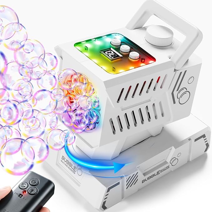 SHCKE Bubble Machine with Remote Control, Auto Rotation & 11 RGB Lights | 1800mAh Rechargeable Battery/USB-C,Top-Fill Portable Bubble Maker for Kids,Outdoor,Birthday Parties,Wedding,Camping,Pool