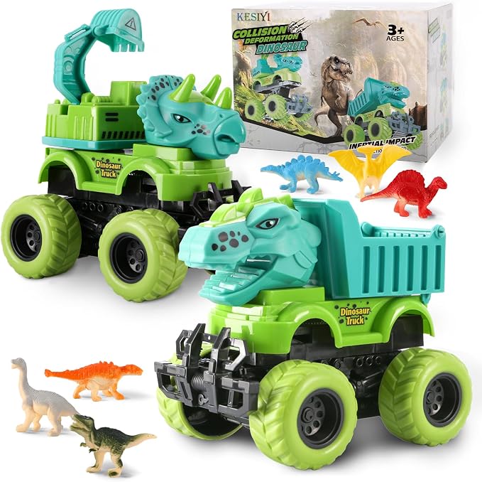 Dinosaur Monster Truck Toys for 3 4 5 Year Old Boys, 2 Pack with 6 Mini Dinosaur Figures, Monster Trucks for Boys Ages 3-4-5-7, Toys for Kids 3-5 Years Birthday /Christmas