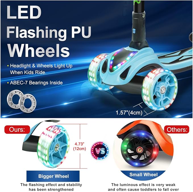 3 Wheel Scooter for Kids, Toddler Scooter with Bluetooth Music Speaker Steam Sprayer LED Lights Aluminum Alloy T-Bar, Folding Kick Scooters for Boys Girls Ages 3-10