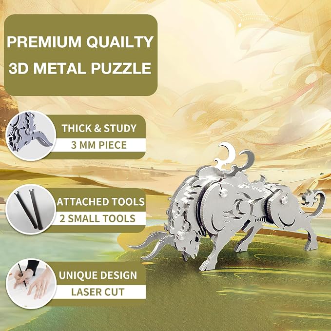 Microworld 3D Metal Puzzle, Mechanical Cow Metal Model Kits, Steel Warcraft Collection Challenge 3D Puzzles Brain for Adult Teaser DIY Animal Art Craft Decoration Mini Gifts