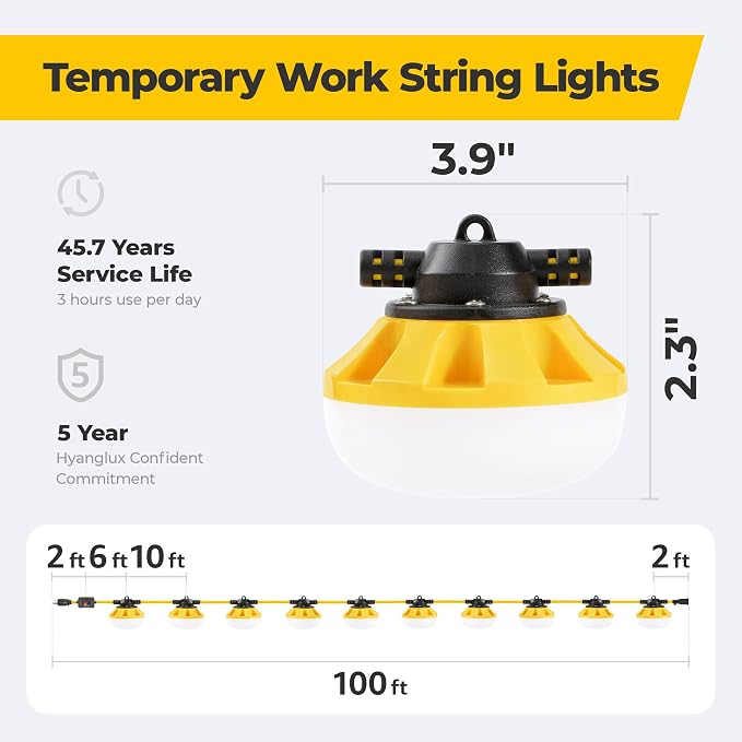 100FT 3-Prong Construction String Lights with Switch, LED Work Light, ETL Certified, IP65 Waterproof, Linkable up to 8 Sets, for Jobsite, Attic, Garage