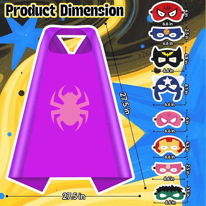 KUBUSFLY Superhero Capes for Kids, 8 Pack Halloween Costumes with Capes Masks Dress Up Set for Cosplay Party Birthday Halloween Christmas Gifts Toys for Boys Girls Kids Toddler 3 4 5 6 7+