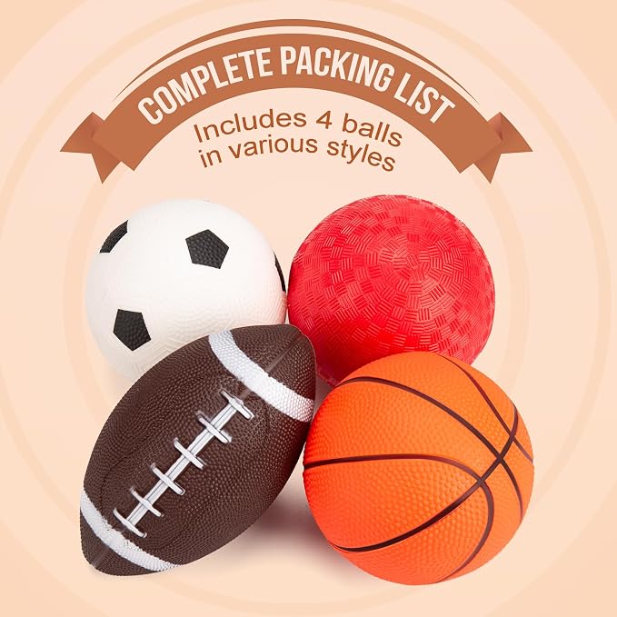 Soft Balls for Toddlers 1-3 3-5, Easy to Grip Toddler Toys 4 Pack 5" Small Balls & Pump - Mini Football Soccer Basketball Dodgeball - First Birthday Gift Baby Toys for Babies Boys Girls