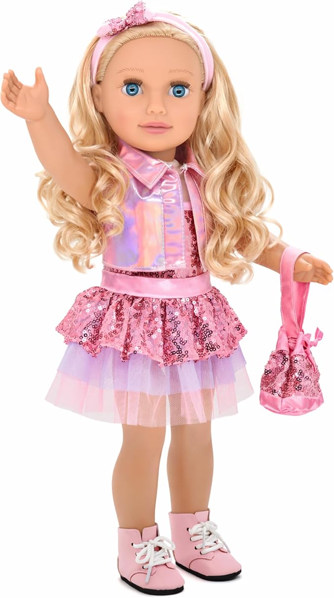 Dolls To Play 18 Inch Girl Doll, Fashion Doll with Fine Blonde Long Hair for Styling, Blue Eyes, Pink Sequin Dress, Shoes, Handbag, Clothes and Accessories Princess Doll for Kids