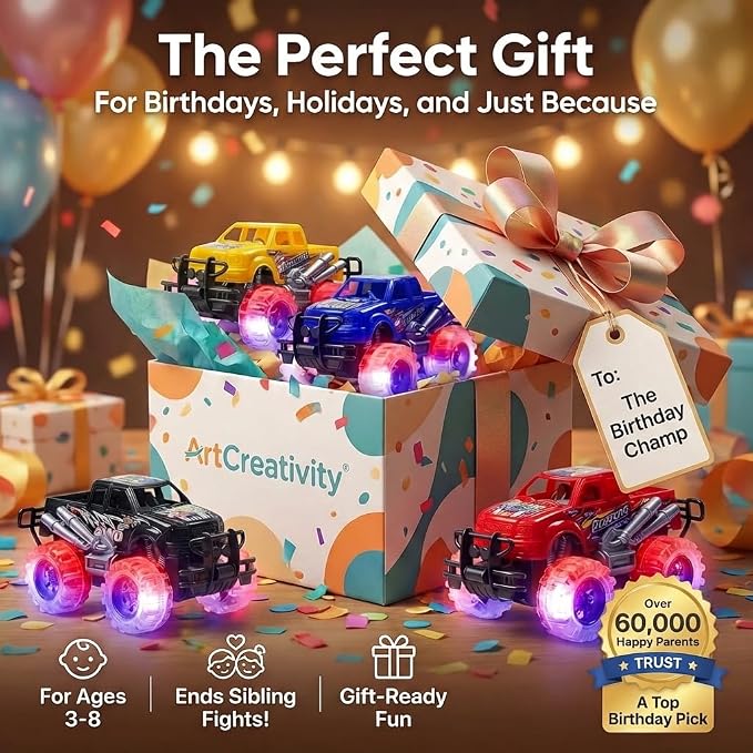 ArtCreativity Light Up Monster Trucks for Boys and Girls, 4-Pack Toy Truck Set, Monster Trucks for Boys 3 4 5 6 7 8 Years Old, Toddler Monster Truck Toys, Light Up Trucks