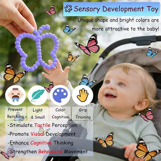 2 Pcs Baby Teething Toys Silicone Butterfly Teething Rings Over 3 Months - Baby Essentials Sensory Chew Toys -Baby Teether for Teething Relief -BPA Free Infant Toys Baby Shower Gifts (2, White,Purple)