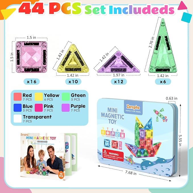 Mini Magnetic Tiles, 44PCS Portable Travel Magnetic Tiles Set with Case, Creativity Boosting Building Toys for Boys and Girls Ages 3+, Educational Toy for Kids STEM & Construction Learning