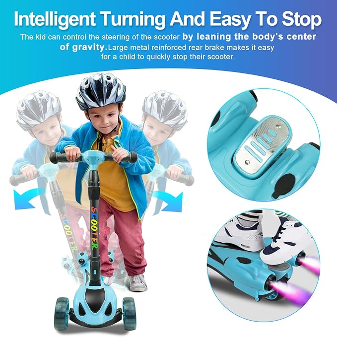 3 Wheel Scooter for Kids, Toddler Scooter with Bluetooth Music Speaker Steam Sprayer LED Lights Aluminum Alloy T-Bar, Folding Kick Scooters for Boys Girls Ages 3-10