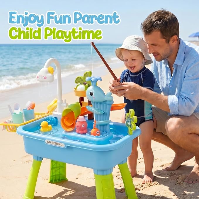 Upgraded Toddler Sand Water Table with Electric Water Pump - 4-in-1 Outdoor Play Center with Faucet, Play Food & Fishing Game - Kitchen Sink Toys for Boys Girls Age 3+ (Blue)