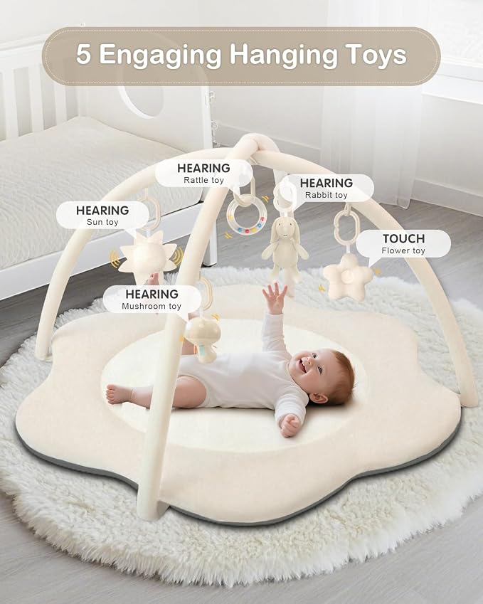 3-in-1 Baby Play Mat & Baby Seats for Infants for Sitting Up, Tummy Time Gym Activity Mat with 5 Detachable Toys, for Babies 0-6-12-18 Months, Newborn Babies Shower Gifts(Beige)