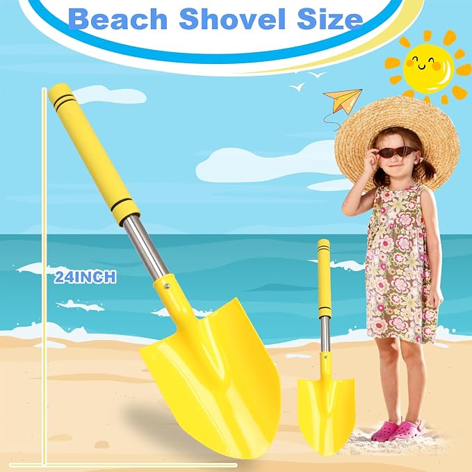 Beach Shovels Long Handle for Kids,3PC 24Inch Beach Sand Shovels Toys for Digging Heavy Duty Stainless Steels with Yellow Soft Spone Sturdy Scoop Seaside Kids Tool Lightweight Gift Set