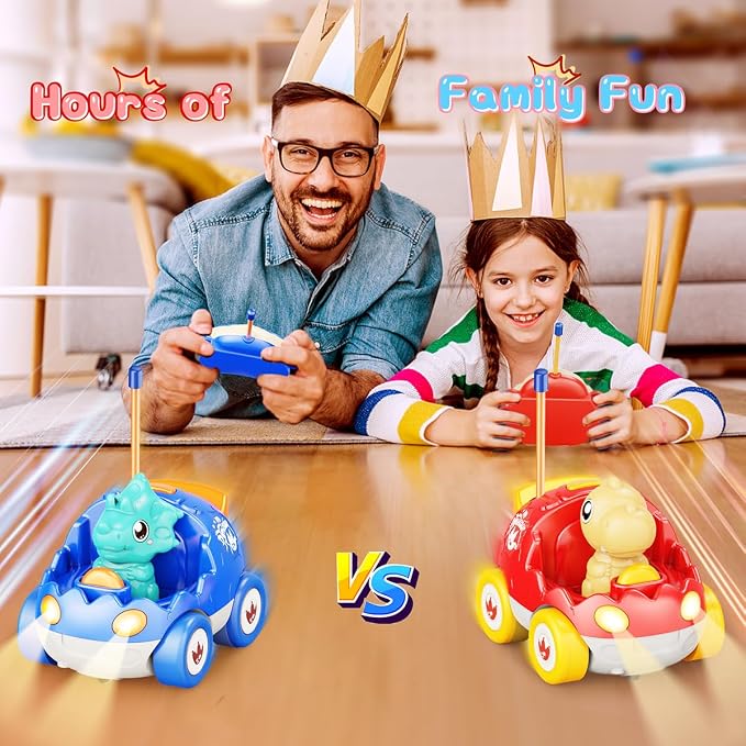 Kidz do 2 Pack Dinosaur Remote Control Cars Toys for Kids 2 3 4 5 Years Old, Christmas Birthday Gifts for Boys and Girls Ages 2-5, Dino Race Car Toddlers Toys with Music and Light(Red Blue)