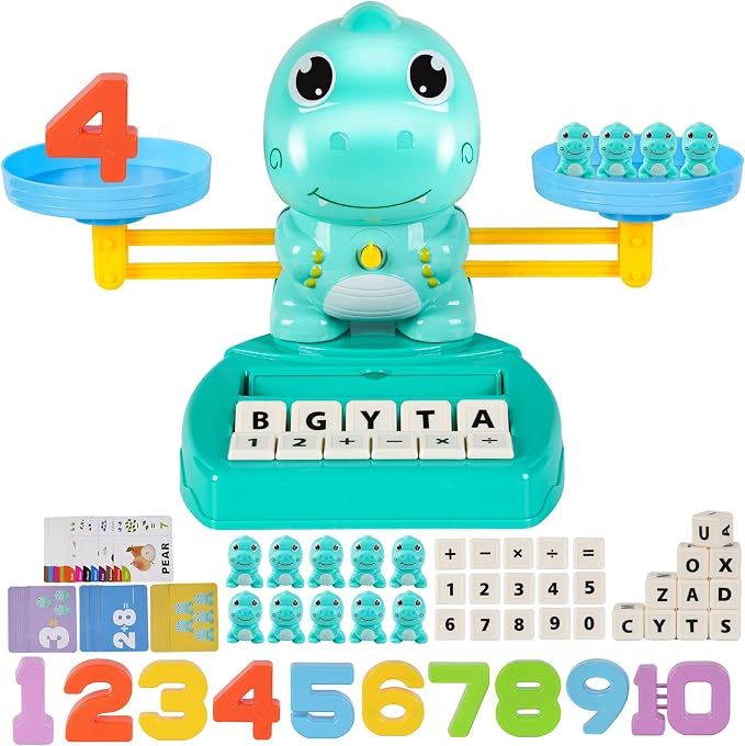 Upgraded Dinosaur Math Balance Toy with Number Blocks, Letter Cubes & 32 Learning Cards, Montessori Learning & Education Toys for Ages 3–7,Ideal Gift for Kids (Upgraded Blue)