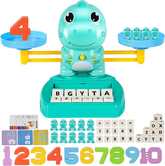Upgraded Dinosaur Math Balance Toy with Number Blocks, Letter Cubes & 32 Learning Cards, Montessori Learning & Education Toys for Ages 3–7,Ideal Gift for Kids (Upgraded Blue)