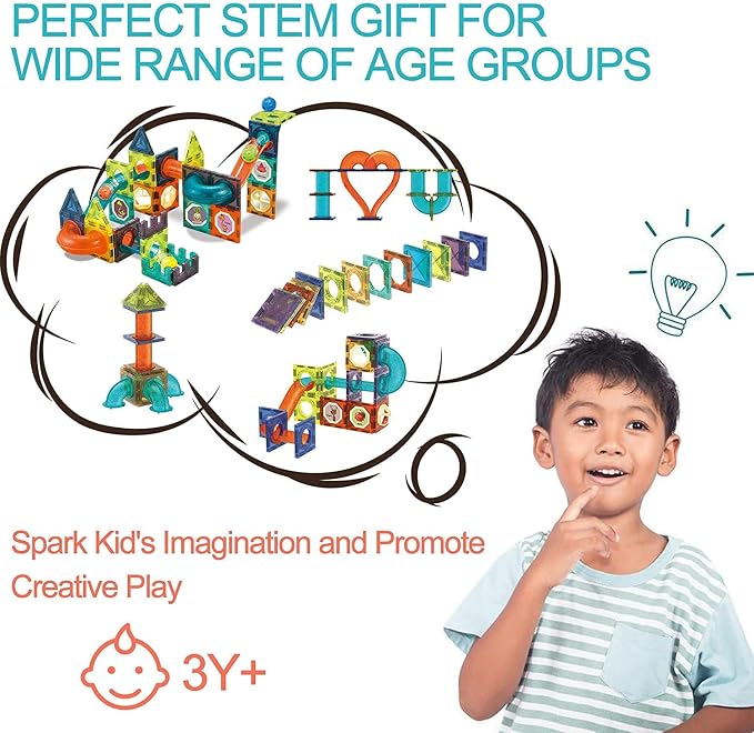 UNIQUE KIDS Magnetic Tiles Building Blocks with Light-Up Marble Run & LED Ball - STEM STEAM Toys for Kids Ages 3-10+ Boys Girls Birthday Gift (75 PCS)