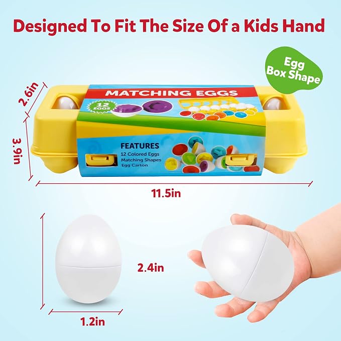 Matching Eggs Color and Shape Recoginition Sorter Puzzle Easter Eggs Sensory Toys Early Learning Educational Fine Motor Skill Montessori Geometric Eggs for Toddlers Boys Girls (12 Shape Eggs)