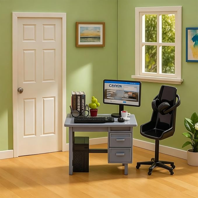 1:12 Scale Doll House Mini Computer Office Desk Furniture Accessories Set | Accessories for dollhouse: storage cabinets, books, desk lamps, eyeglasses, headsets, cell phones and game controllers