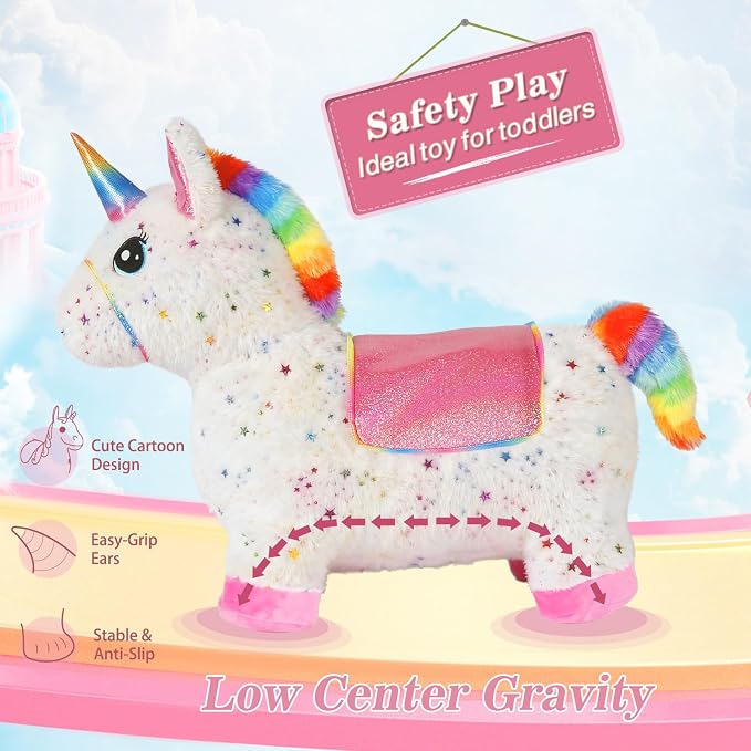 INPANY Unicorn Bouncy Horse Toys, Inflatable Unicorn with Rainbow Plush | Soft Washable Cover, Thick PVC, Stable 4-Leg Base, Cute Unicorn, Easy Inflation, Indoor & Outdoor Play, Gifts for 2-4 Kids