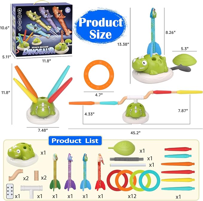 Dinosaur Rocket Launcher for Kids, 3 in 1 Outdoor Toys for Kids Ages 3-8, Stomp Rocket, Musical Jumping Toy & Ring Toss Game , Backyard Toys, Birthday Gift for 3 4 5 6 7 8 Year Old Boys Girls