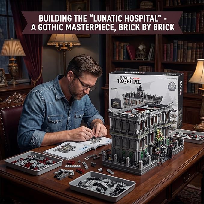 Lunatic Hospital Building Blocks Set, Gothic Architecture Model with LED Lights, Collectible Display Kit for Adults, 7537 Pieces Challenging Construction Toy for Halloween Decor